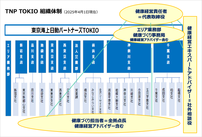 健康経営責任者＝代表取締役、健康経営エキスパートアドバイザー＝社外相談役、本店：健康づくり事務局（健康経営アドバイザー含む）、健康づくり担当者＝全拠点長（健康経営アドバイザー含む）